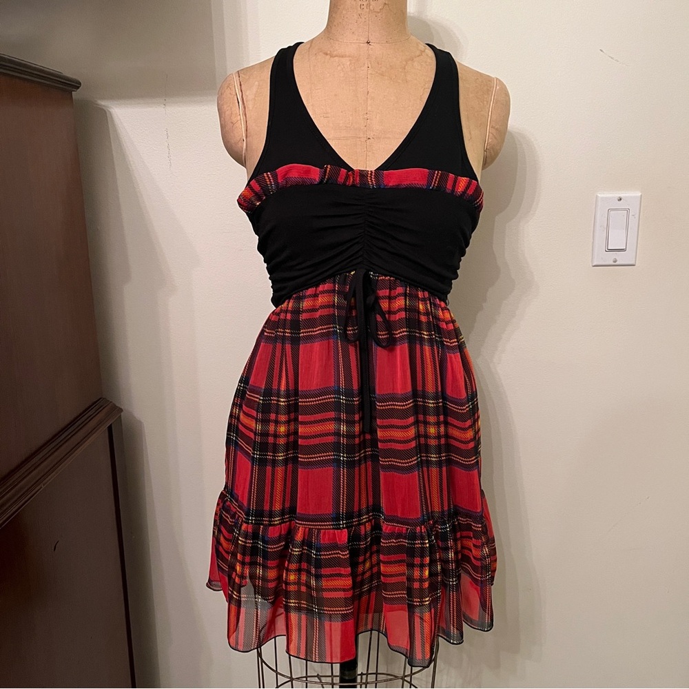 Y2K TFNC London Plaid Academia V-Neck Racer Back Tie Front Mini Dress